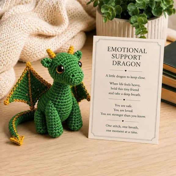 Emotional Support Dragon Pocket Buddy, Handcrafted Artisan Crochet Dragon Plush Toy with Comfort Affirmation Card, Calming Workspace Decor, Novelty Warm Fantasy Gift for Hobby Enthusiasts,Green