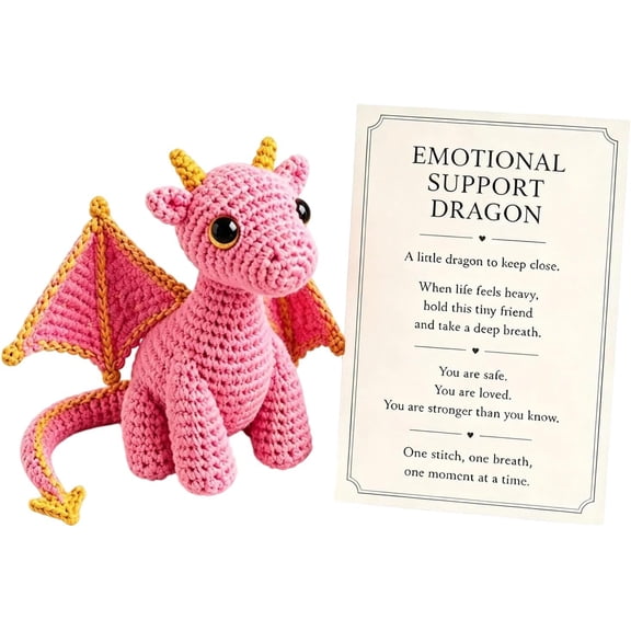 Emotional Support Dragon Pocket Buddy, Handmade Knitted Tiny Dragon Plush with Comfort Affirmation Card, Anxiety Stress Relief Pocket Pal, Emotional Positive Crochet Gift for Teens Women Men(Pink)