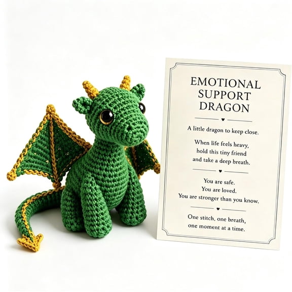 Emotional Support Dragon Pocket Buddy, Mini Crochet Figurine with Uplifting Message Card, Small Stress-Relief Decor, Perfect Gift for Adults & College Students green
