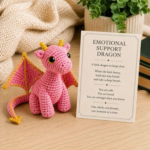 Emotional Support Dragon Pocket Hug Companion, Hand-Stitched Crochet Dragon Plush Doll with Motivational Message Card, Stress Relief Tabletop Ornament, Thoughtful Fantasy Present,Pink
