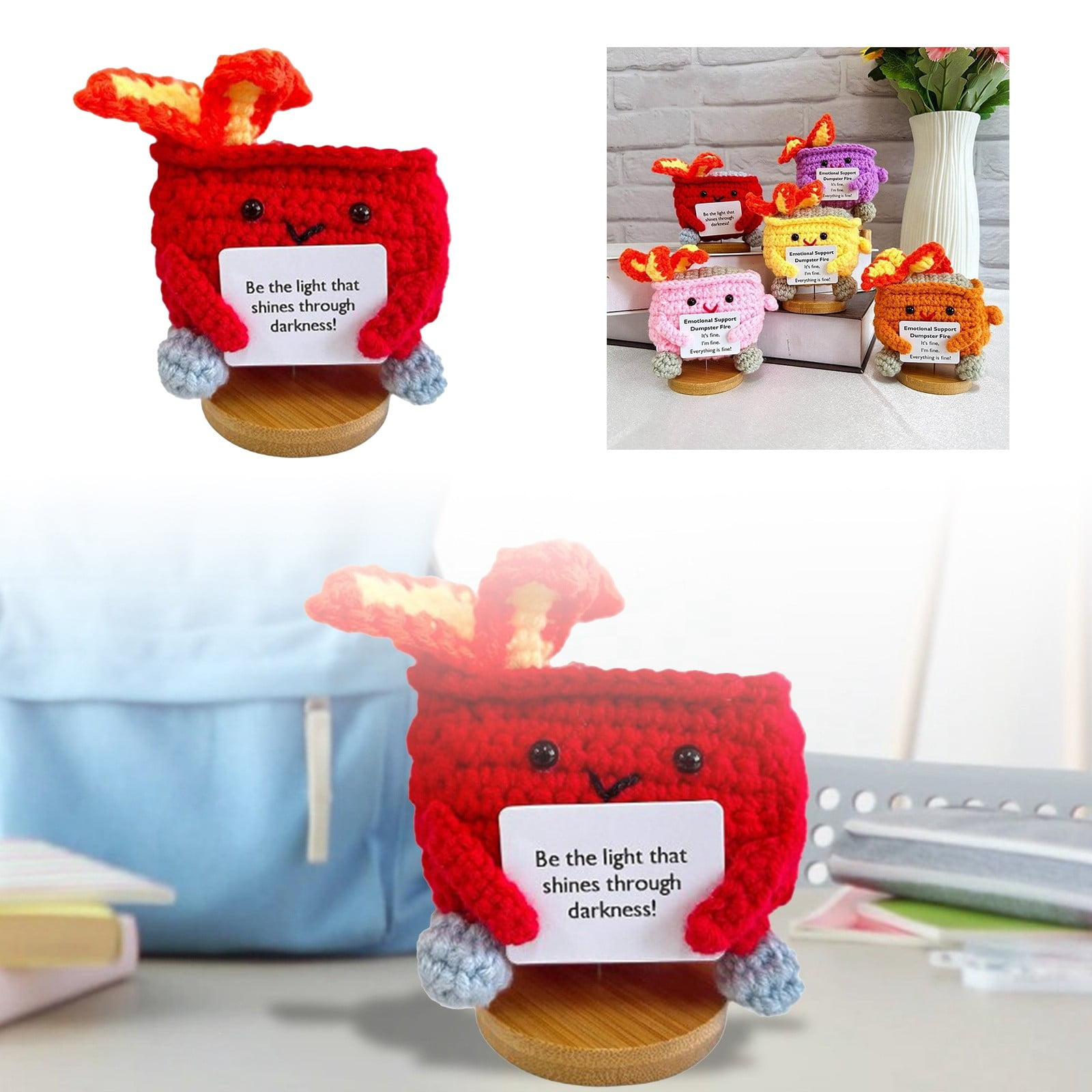 6PCS Emotional Support Dumpster Crochet Dolls – Handmade Plush Dumpster Fire Toys With Positive Card, Cute Desk Decor