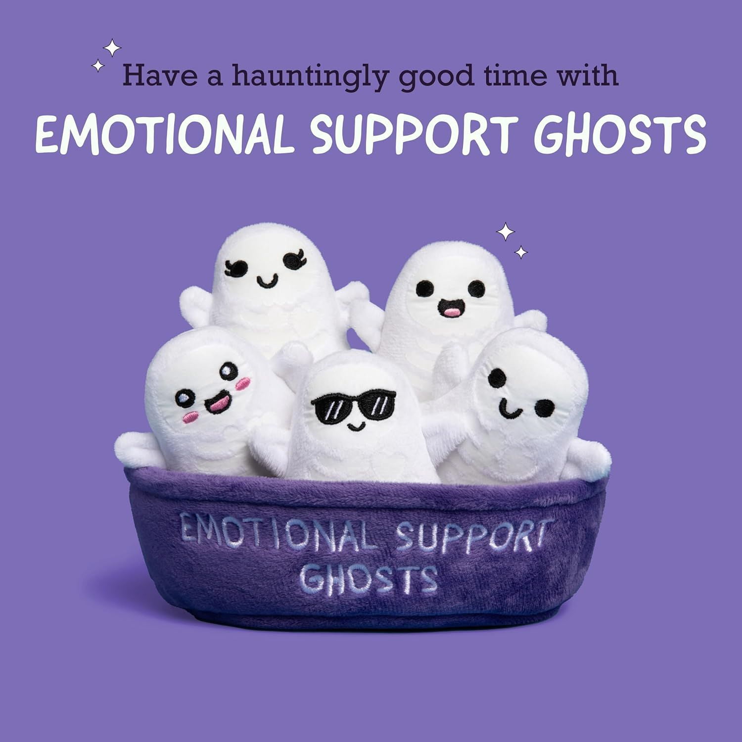 Emotional Support Ghosts by , Cuddly Plush Collectibles and Cute Stuffed Animals, Spooky Halloween Ghost Plushies and Fun Trick or Treat Toys, Includes 5 Plushies with Carrying Basket