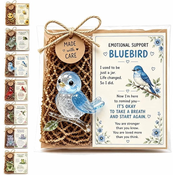 Emotional Support Glass Animal Gift Bluebird, Mini Desk Decor with Encouragement Card, Pocket Hug Keepsake for Comfort