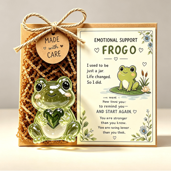 Emotional Support Glass Animal Gift, Recycled Glass Pocket Hug with Encouragement Card for Desk Decor, Stress Relief, Mini Figurine Keepsake for Friends and Family (Frog)