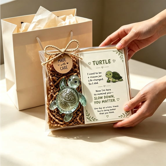 Emotional Support Glass Turtle Gift, Cute Recycled Animal Pocket Hug Desk Decor with Encouragement Card, Comfort Gift for Friends & Family, Mini Glass Keepsake for Stress Relief
