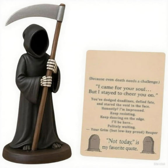 Emotional Support Grim Reaper Figurine – Exhausted Gothic Statue with Support Card, Funny Ironic Desk Decor - for Office Coworkers, Black Robe Mystery Figure (Go)