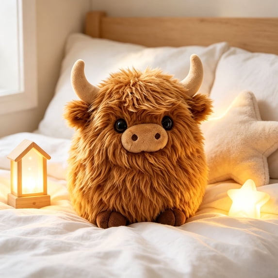Emotional Support Highland Cow Plush, 20cm Cute Stuffed Soft Toy, Round Cow Plushie Doll Decor Gift for Kids Adults