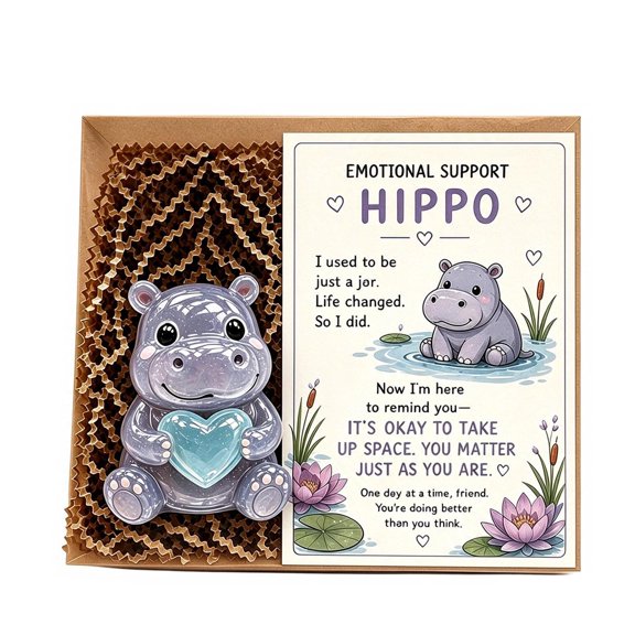 Emotional Support Hippo Figurine with Handmade Recycled Glass and Motivational Card, 1 Piece, Purple with Blue Heart, for Women Office Desk, Mental Health Awareness Decoration