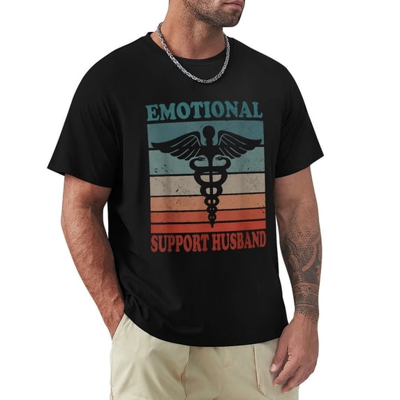 Emotional Support Husband Chic Men's Cotton Short Sleeve HD Print Tee for Casual T-Shirt Crew Neck Top Black L