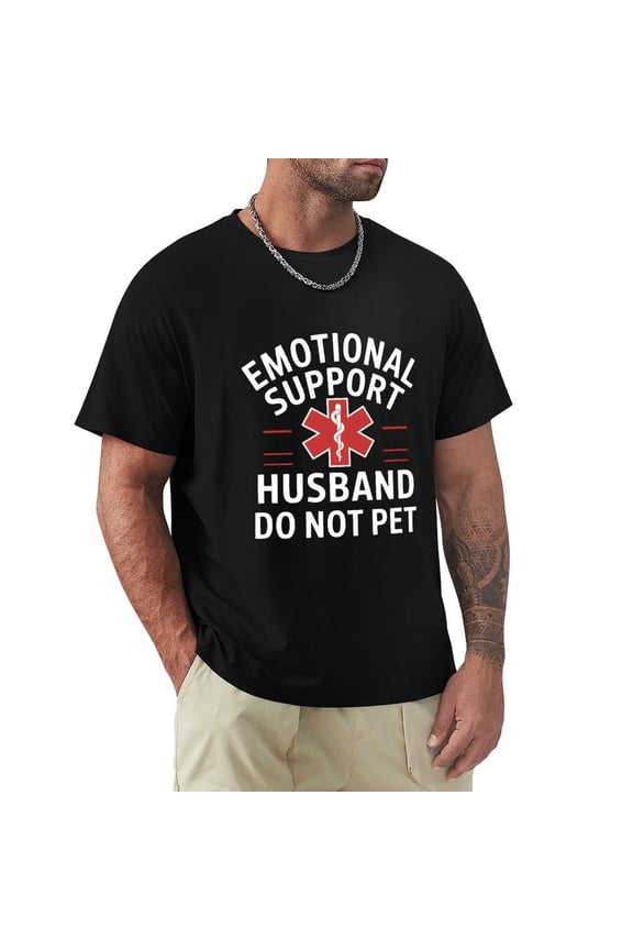 Emotional Support Husband Slick Men's Cotton Short Sleeve HD Print Tee for Casual T-Shirt Crew Neck Top Black XL