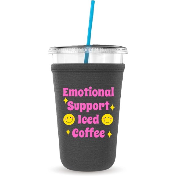 Emotional Support Iced Coffee, Neoprene Iced Coffee Cup Cooler, Gift and Party Favor Drinkware Ideas, Cold Drink Sleeve (Black)