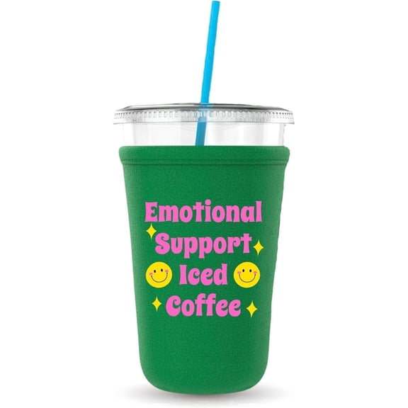 Emotional Support Iced Coffee, Neoprene Iced Coffee Cup Cooler, Gift and Party Favor Drinkware Ideas, Cold Drink Sleeve (Green)