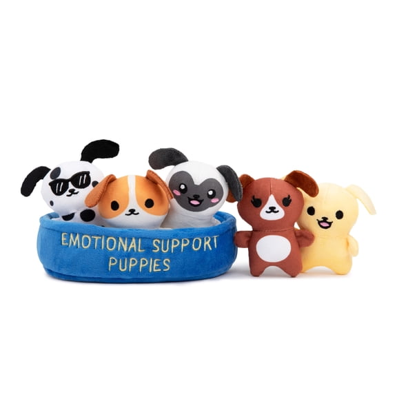 Emotional Support Puppies, Plush Toys by Emotional Support Pals, Includes 5 Plushies with Carrying Basket, Cute Vday Gifts for Animal Lovers