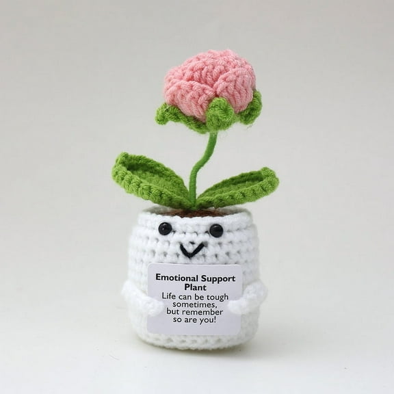 Emotional Support Single Dark Pink Rose Flower Potted Plants, Positive Crochet Doll with Card, Inspirational Small Knitted, Funny Gifts for Women Men Birthday Friends Coworkers, Office Decor
