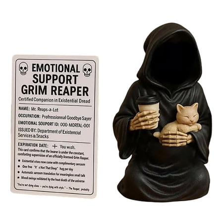 Goth Fantasy Art Decors Handcraft Death Statue With Whimsically Cats Companion For Dark Humor Lover Emotionally Support
