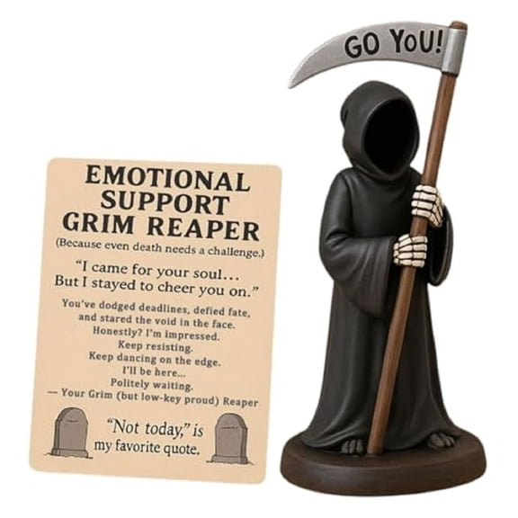 Emotionally Support Macaber Humor Resins Death Sculpture with Coffee Cup And Napping Cats Desktop Shelf Display Piece