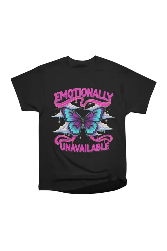 Emotionally Unavailable Y2K Neon Butterfly T-Shirt Tee Gift For Him Merch For Her Apparel