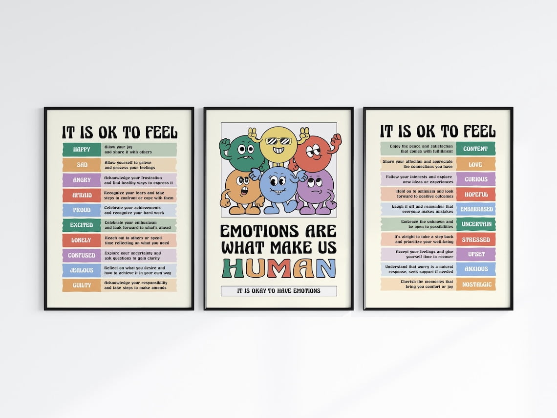 Emotions Make Us Human Feelings Chart Home Office School Classroom Therapy Art Set 3 Unframed Paper Print 8x12