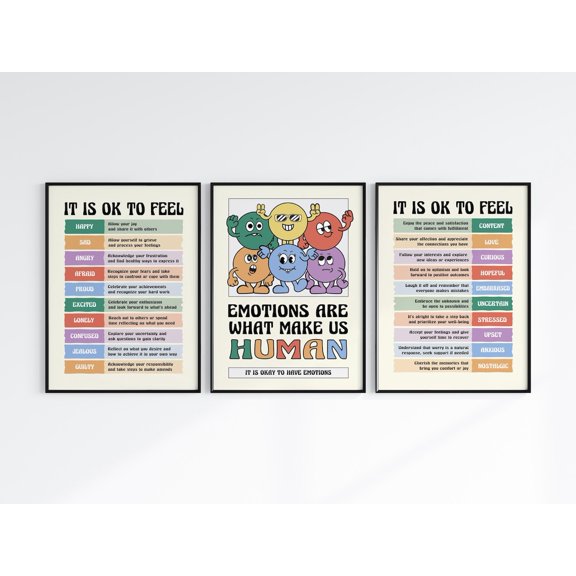Emotions Make Us Human Feelings Chart Home Office School Classroom Therapy Art Set 3 Unframed Paper Print 8x12