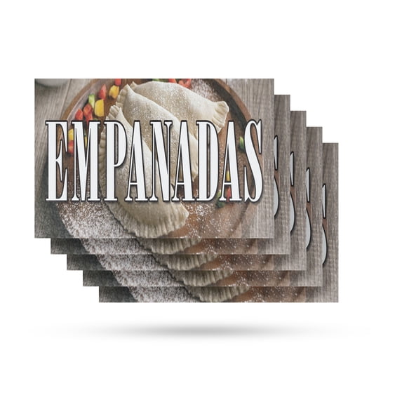 Empanadas Vinyl Decal 5 Pack of 12 Inch x 16 Inch Weatherproof Heavy-Duty Adhesive Backing | Freshly Made Snacks, Latin Cuisine, Street Food | Made in USA
