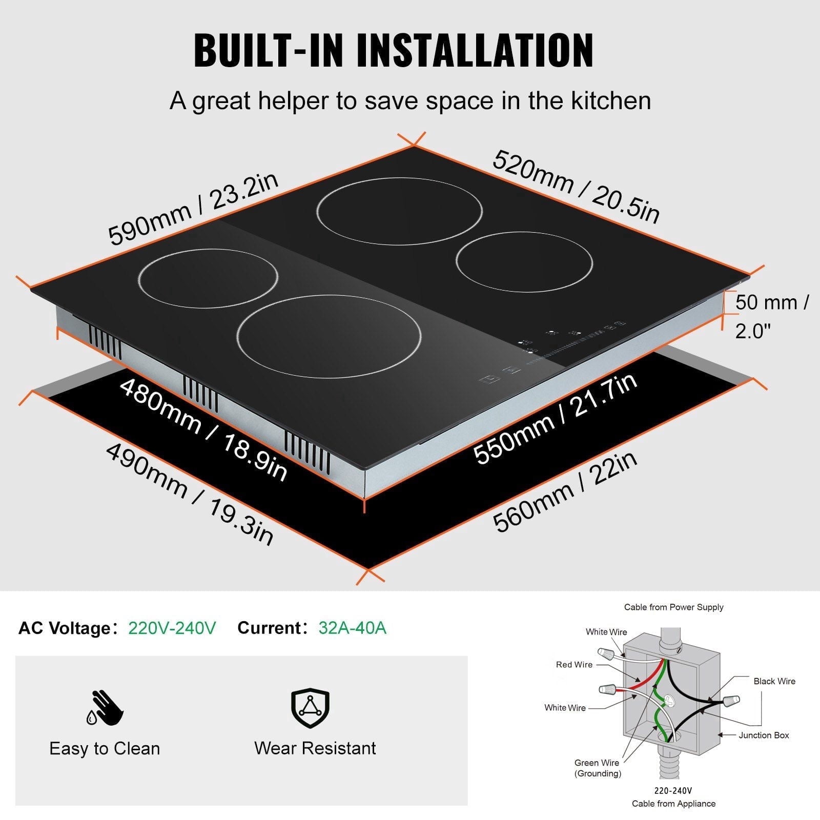 Empava 24" Electric Stove Top, 4 Burner Glass Cooktop 240V, Sensor Touch Control w/ Timer & Child Lock, 9 Power Levels - Simmer, Steam, Fry