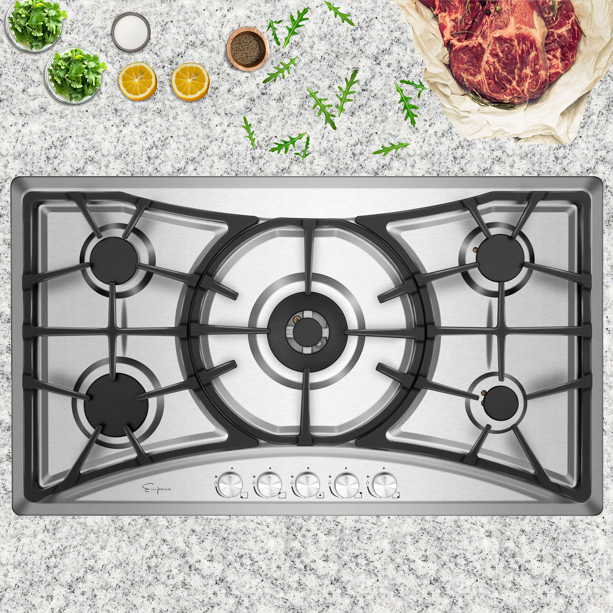 Gasland Chef 36 inch 5 Burner GAS Cooktop with Reversible Cast Iron Grill/Griddle, NG/LPG Convertible, Silver