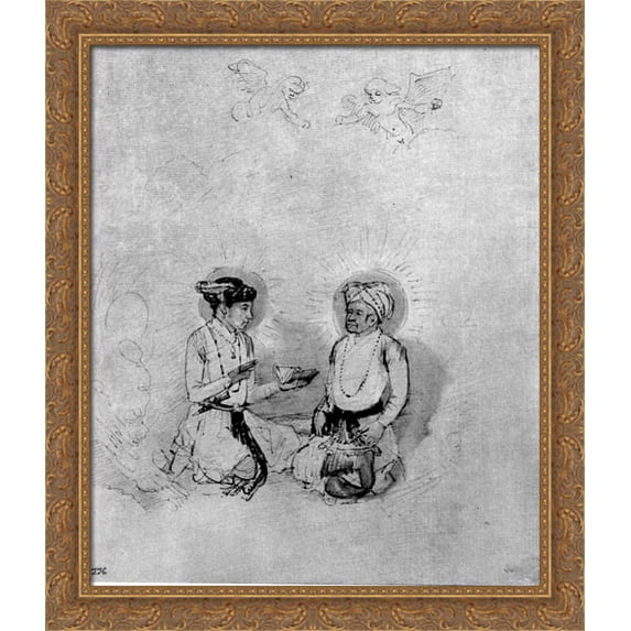 Emperor Akbar and his son, the future Eperor Djah?ngir 28x34 Large Gold Ornate Wood Framed Canvas Art by Rembrandt