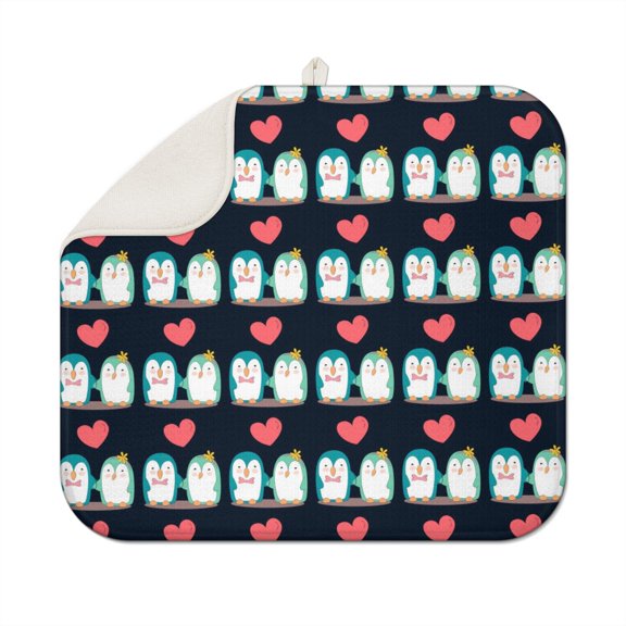 Emperor Penguin Cartoon Dish Drying Mat - 3-Layer Thick Absorbent Sink Drying Pad with Winter Animal Design, Washable & Reusable Kitchen Mat for Countertops