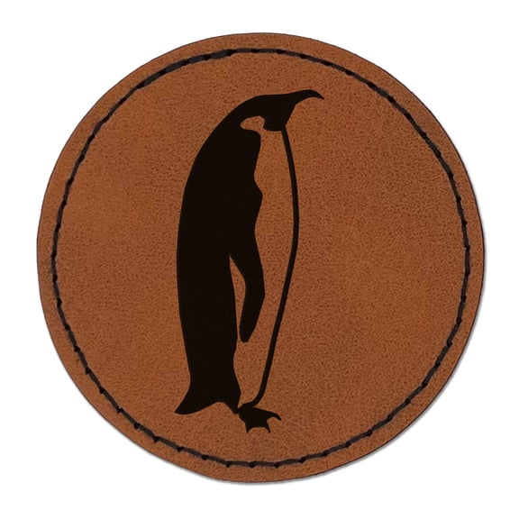 Emperor Penguin Profile 2.5" Faux Leather Round Engraved Iron-On Patch - Brown