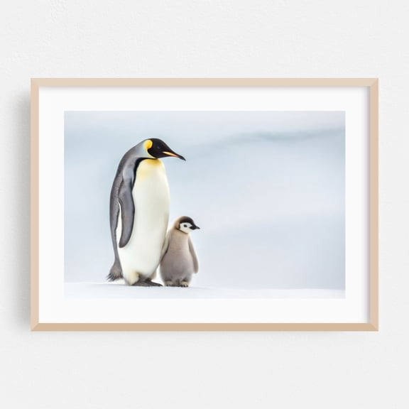 Emperor penguin family - Photography Wildlife Animal Snow Winter Nature Minimalist Oak Framed Wall Art Print 5 x 7 inches