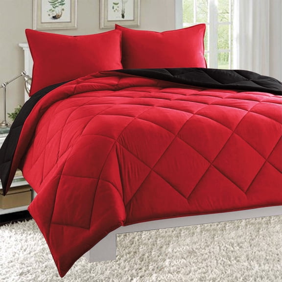 Empire 3pc Reversible Comforter Set Microfiber Quilted Bed Cover Twin - Red / Black