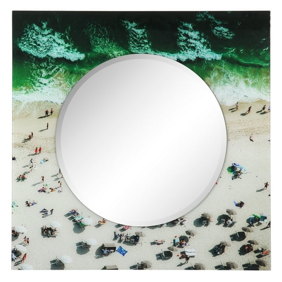 Empire Art Direct 36 in. Beach Square Reverse Printed Tempered Glass Art with 24 in. Round Beveled Mirror