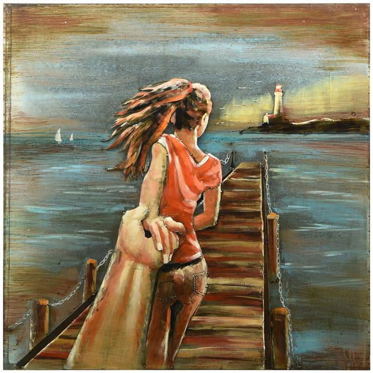 Romantic Couple Walking to Lighthouse Hand Painted Iron Wall Art
