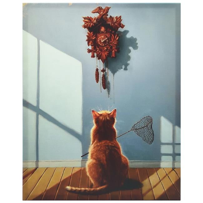 Timely Lunch Cat Print on Blue Canvas with Fir Wood Frame