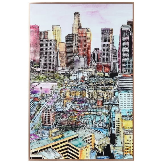 Empire Art Direct AAGG-132438-3624 36 x 24 in. City View Colorful Reverse Printed Glass & Anodized Aluminum Rose Gold Frame Contemporary Wall Art