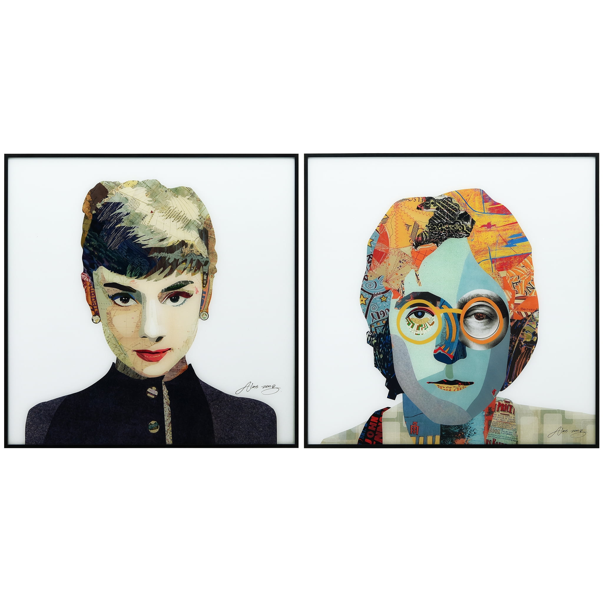 Empire Art Direct Audrey & Homage to John Printed on Glass Art with Anodized Aluminum Black Frame Wall Art, 24" x 24" each, Ready to Hang