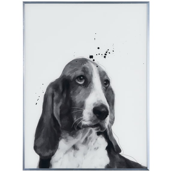 Empire Art Direct Basset Hound Black and White Pet Paintings on Reverse Printed Glass Framed Dog Wall Art, 24" x 18" x 1", Ready to Hang
