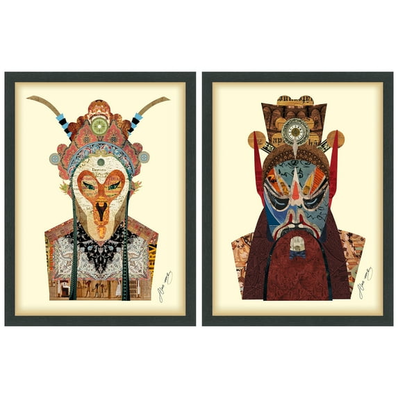 Empire Art Direct Beijin Opera Mask & Jiangwei Dimensional Collage Framed Graphic Art Under Glass Wall Art, 25" x 19" each, Ready to Hang