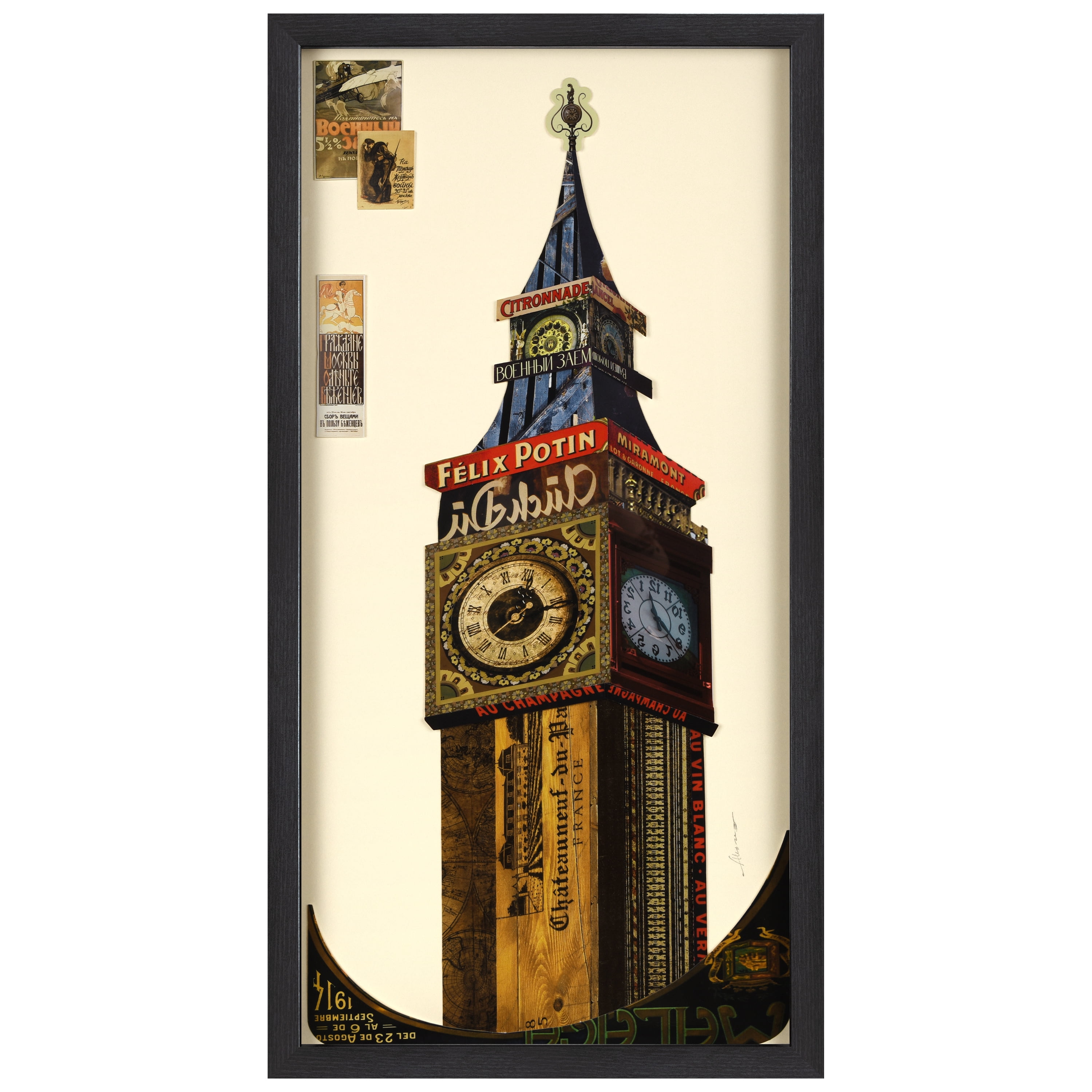 Empire Art Direct "Big Ben" Alex Zeng's dimensional collage, under glass & a black shadow box frame