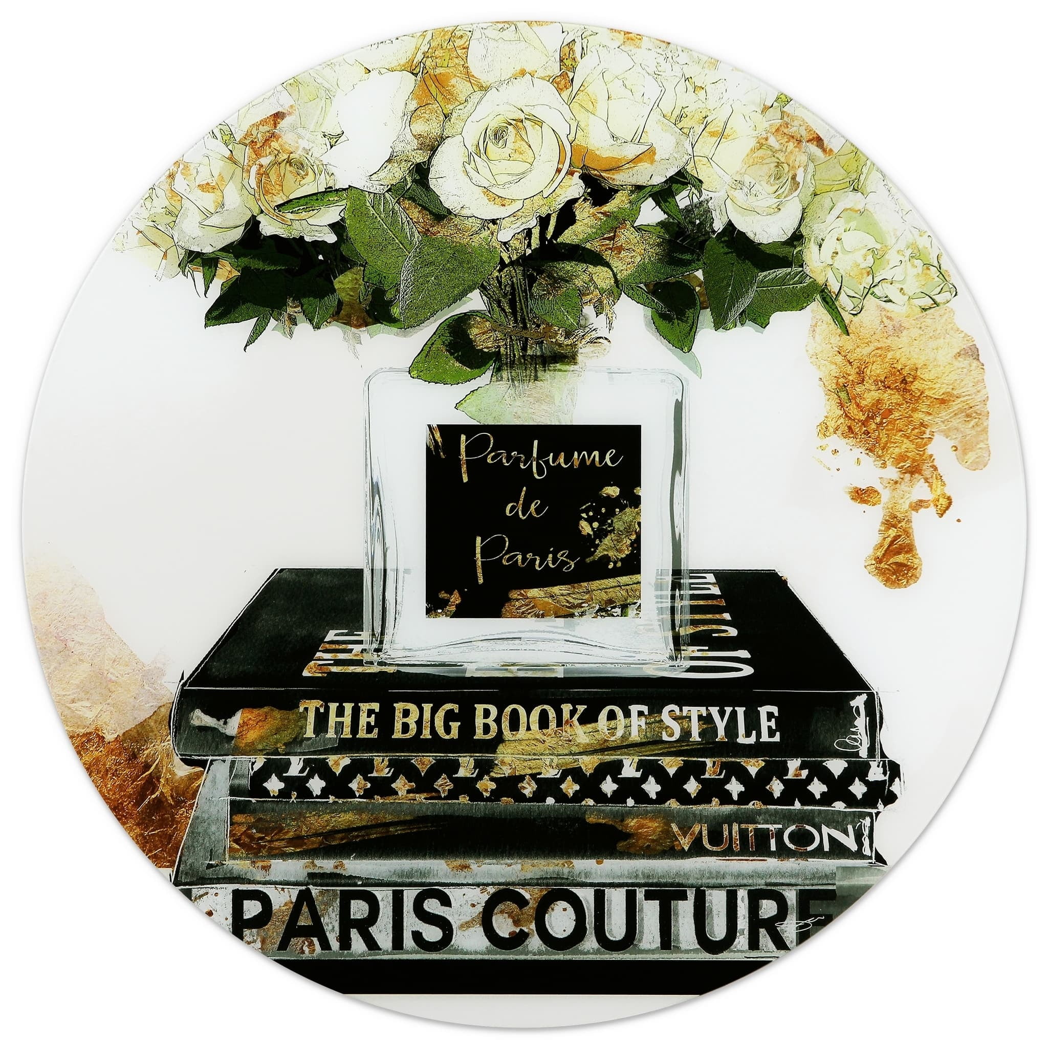 Elegant Floral and Fashion Book Graphic Round Wall Art in Tempered Glass