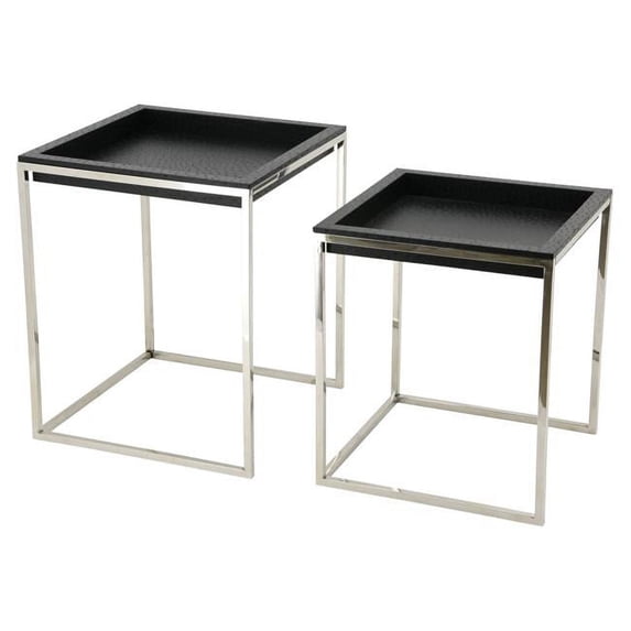 Empire Art Direct Black Ostrich Exotic Leather Nesting Tables with Stainless Steel Legs
