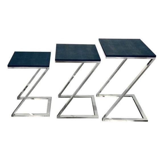 Empire Art Direct Black on Blue Metallic Shagreen Exotic Leather Nesting Z Base Tables with Stainless Steel Legs - Set of 3