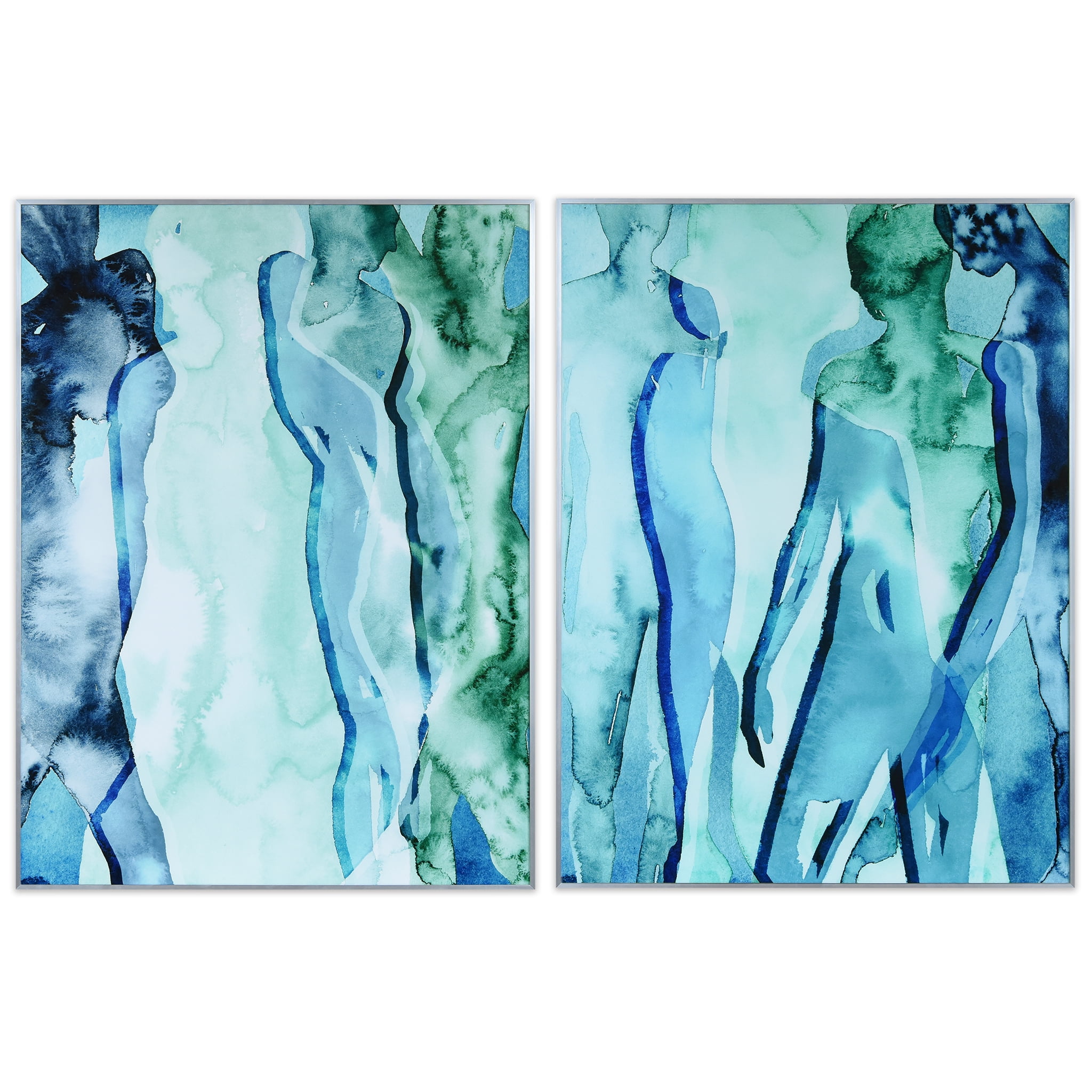Empire Art Direct Blue & Green Silhouette Printed on Glass Art with Anodized Aluminum Silver Frame Wall Art, 40" x 30" each, Ready to Hang