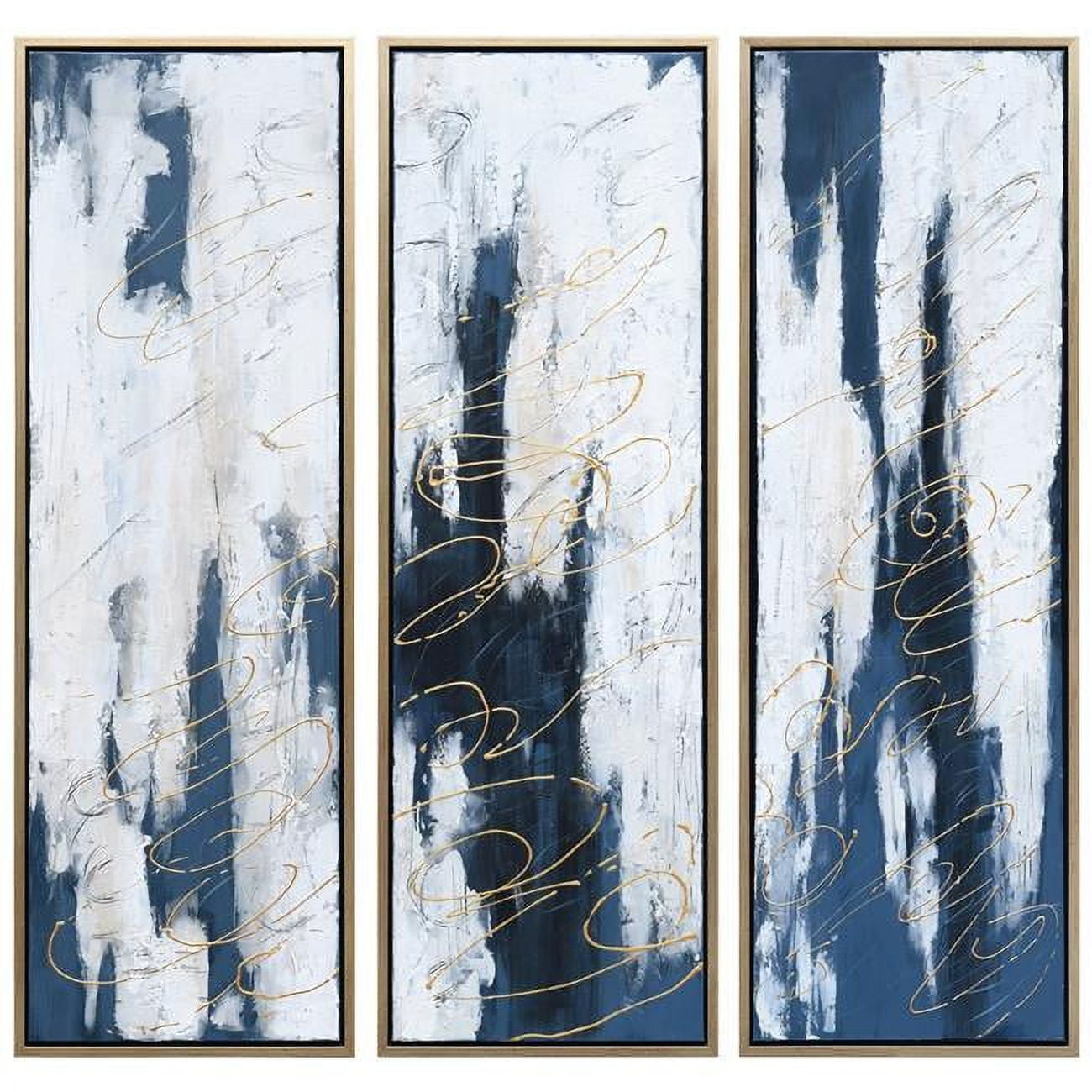 Martin Edwards Blue and White Abstract Triptych Canvas Painting with Gold Frame