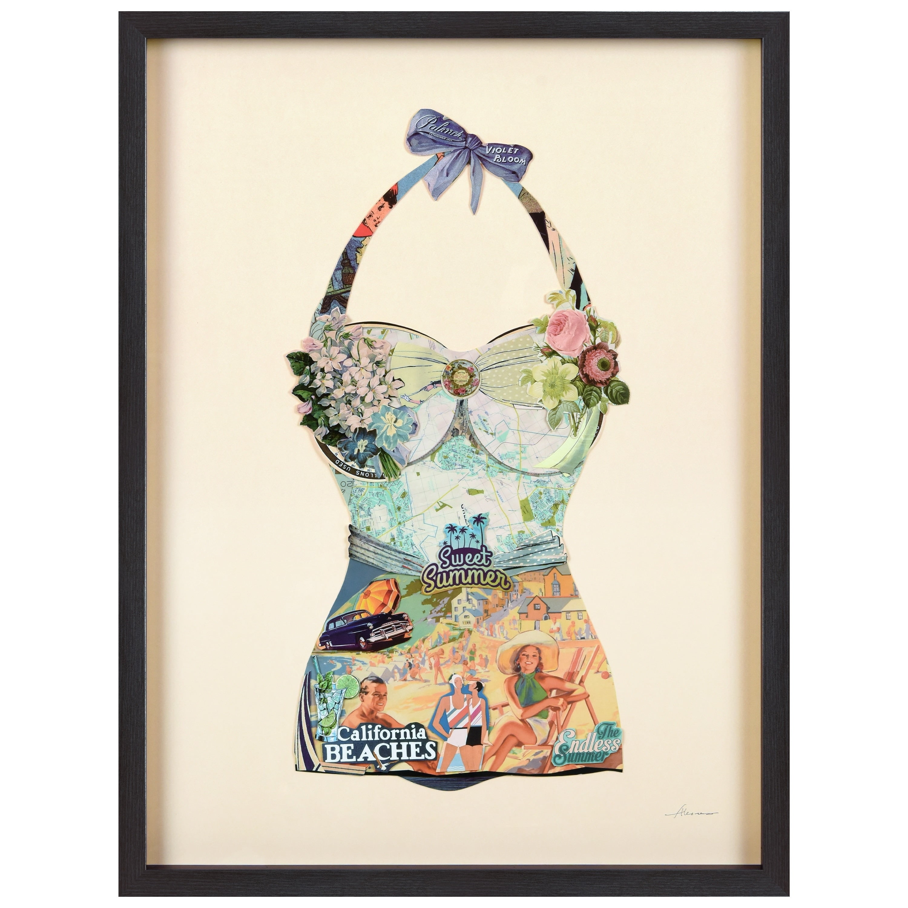 California Beach Floral Collage Framed Graphic Art, 25" x 33"
