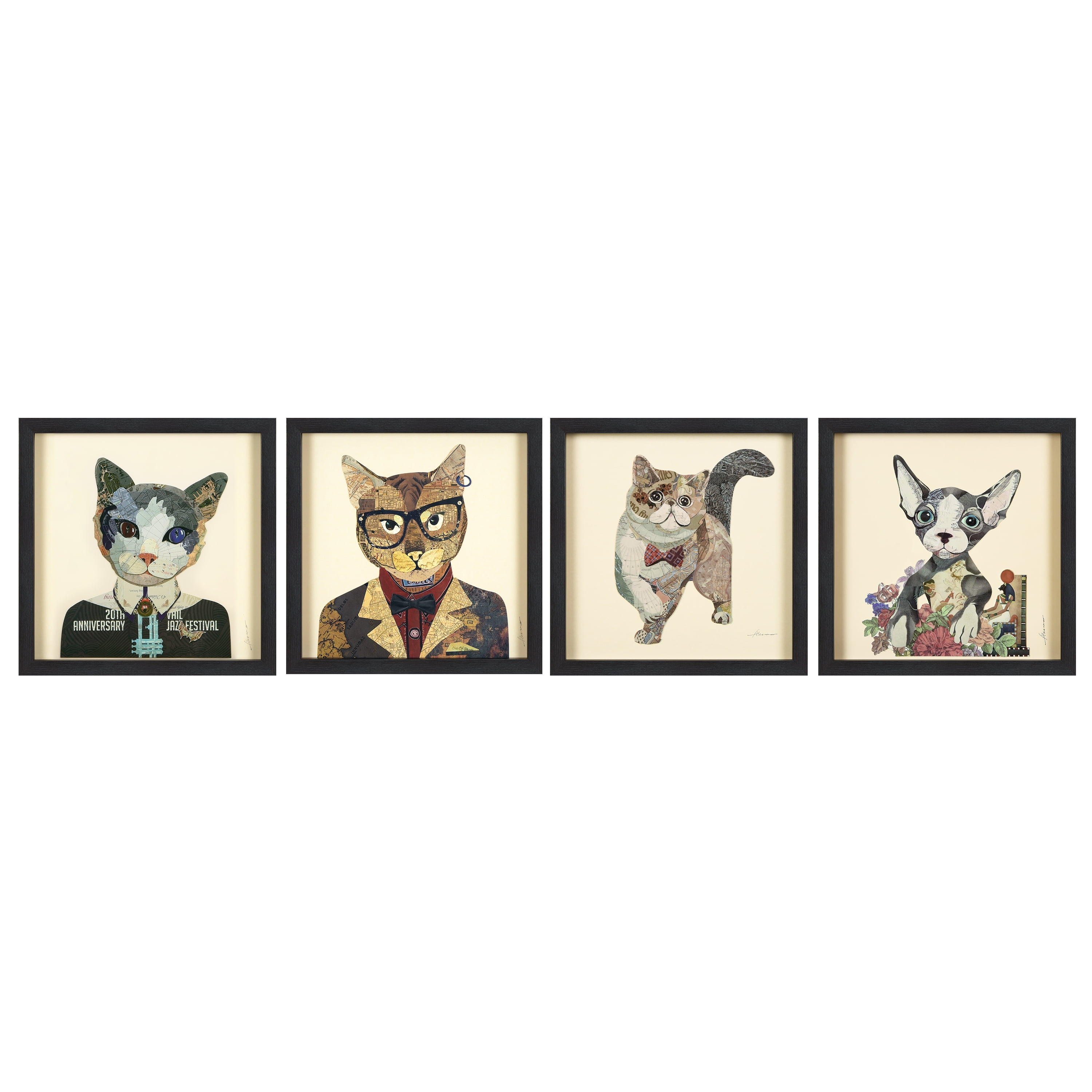 Cats Set Dimensional Collage Framed Graphic Art Under Glass