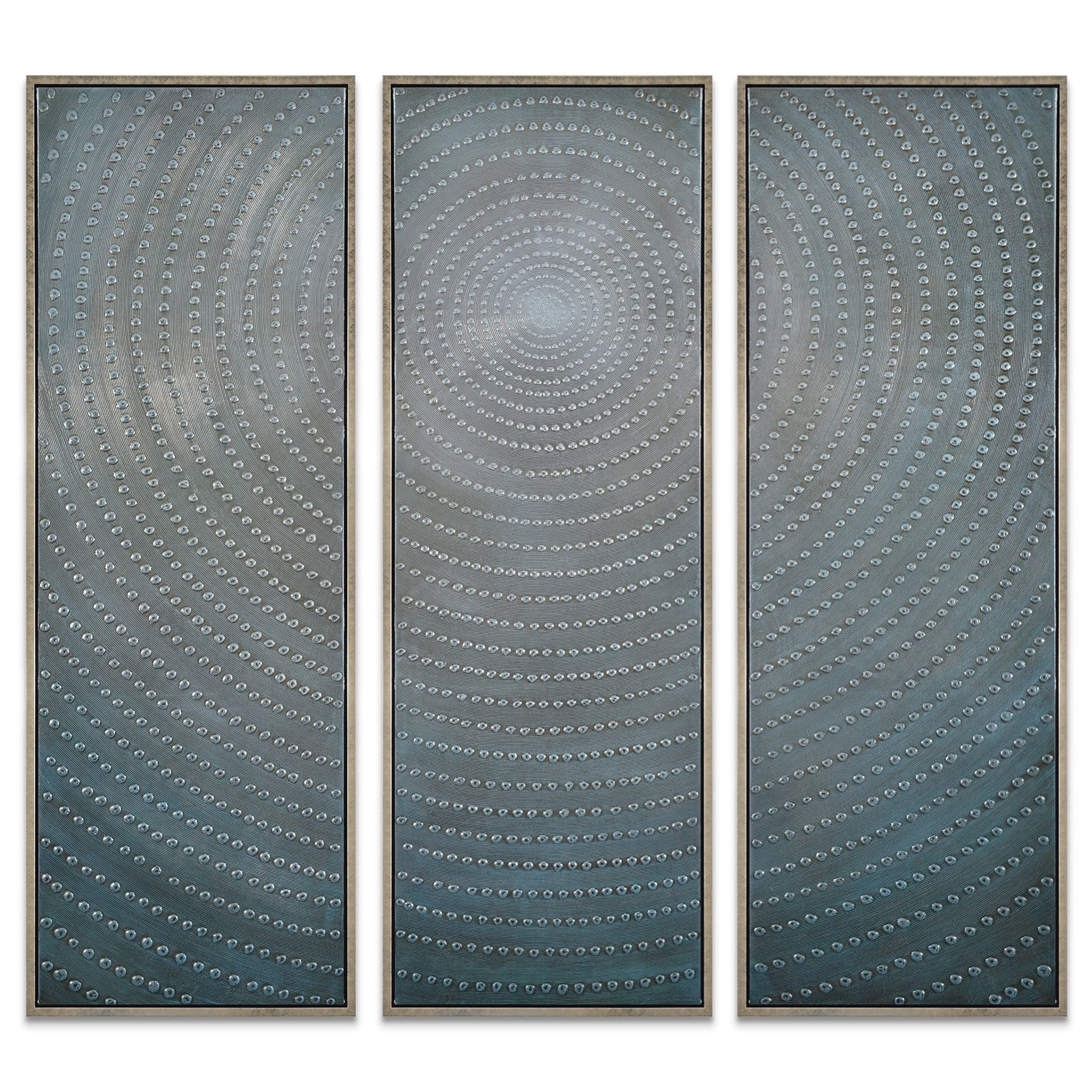 Concentric Blue and Silver Abstract Canvas Triptych, 60" x 60"