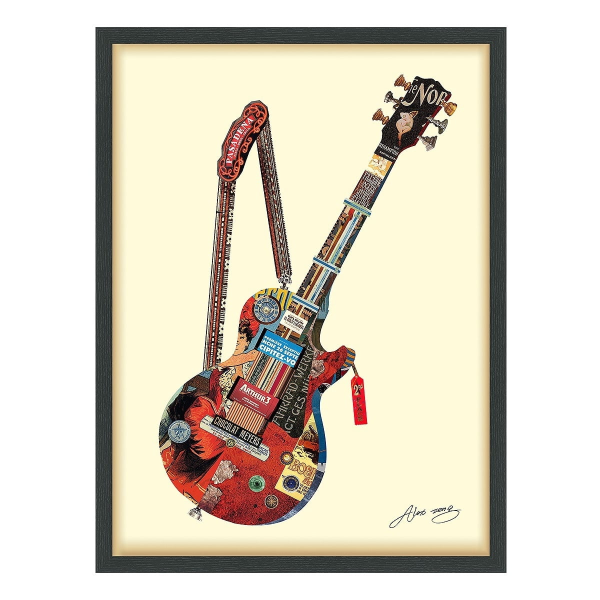 Electric Guitar Collage Art on Canvas with Black Frame