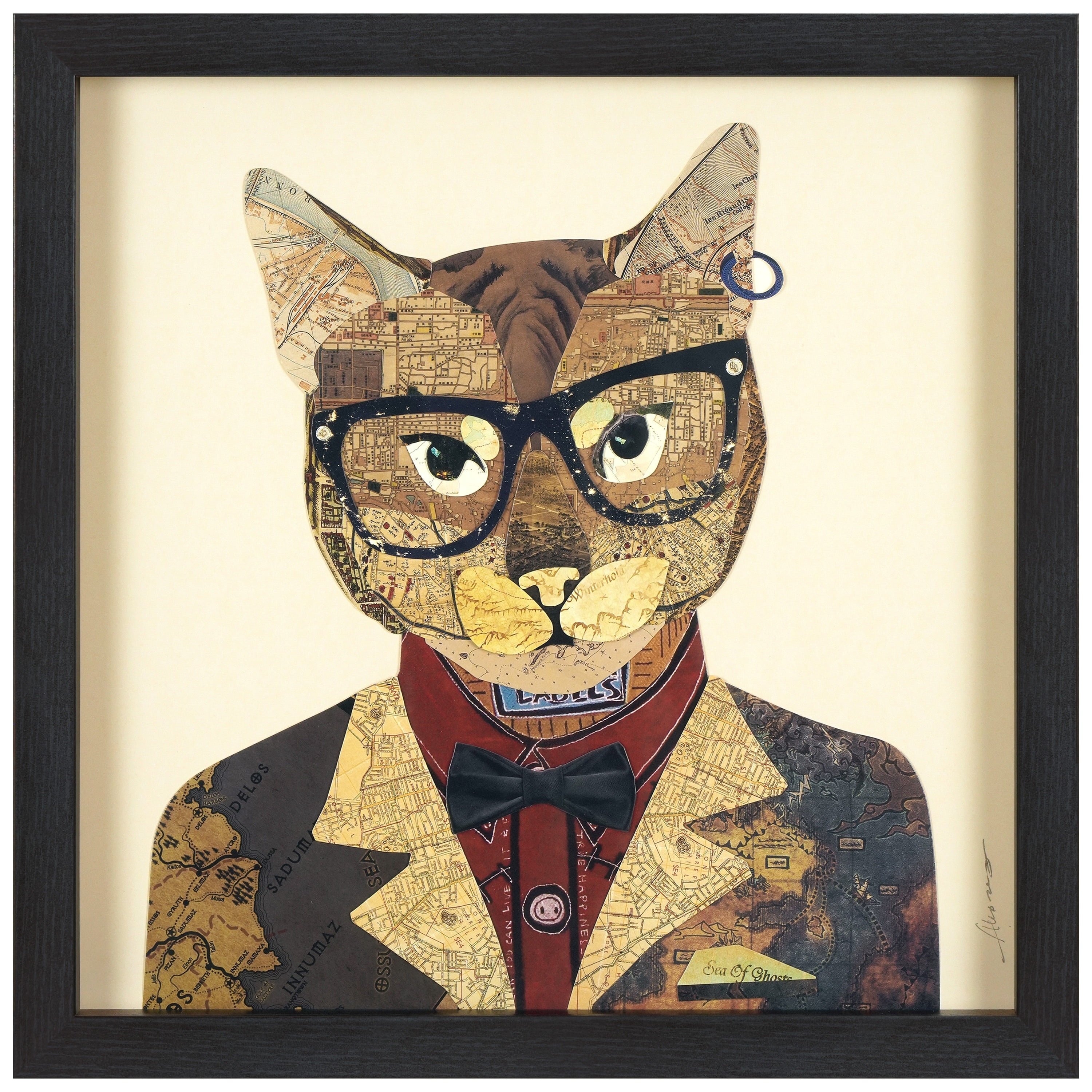 Funky Cat Collage Art with Black Wood Frame