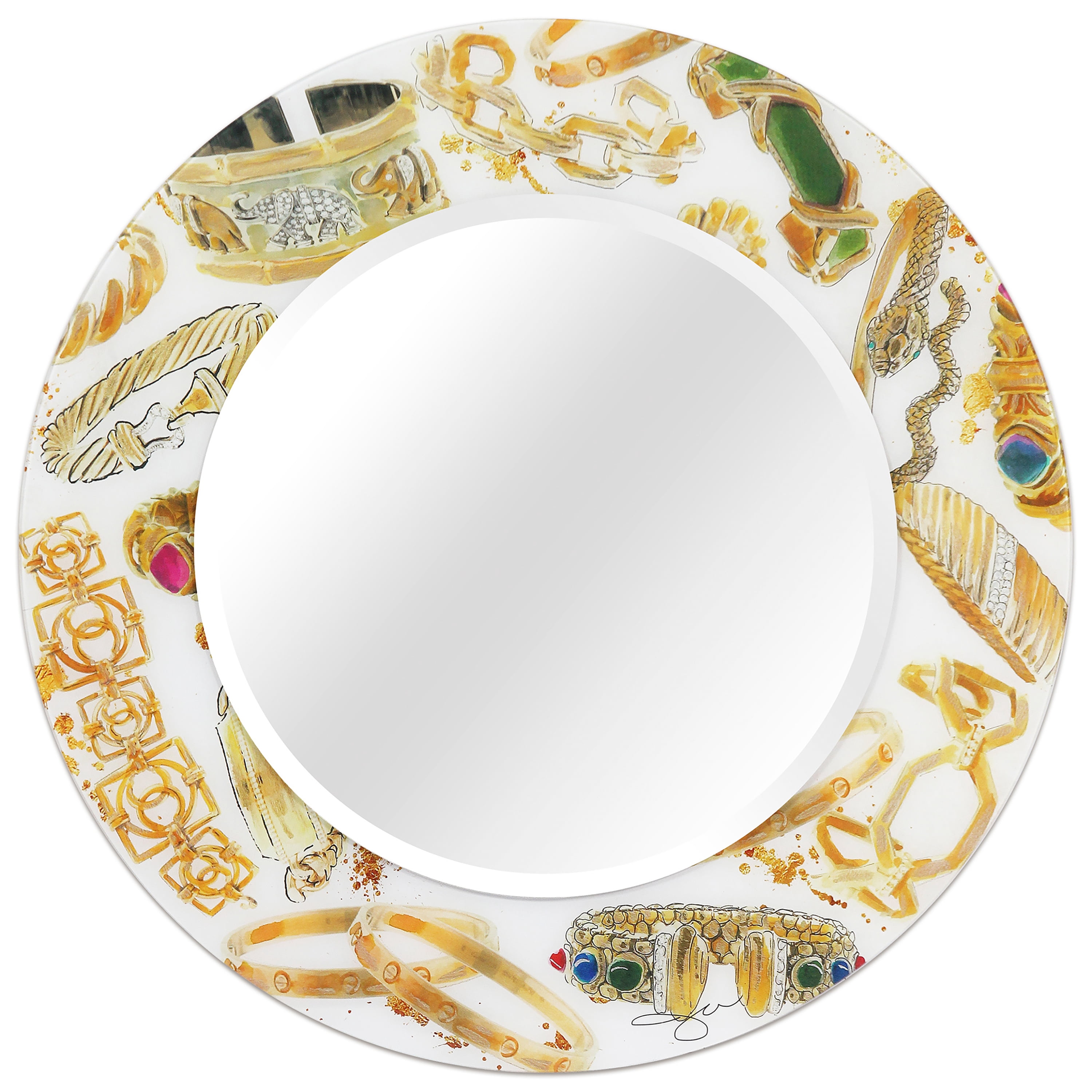 Empire Art Direct 36" Square Reverse Printed Tempered Art Glass with 24" Round Beveled Mirror - 36 in. x 0.4 in. x 36 in. Gold Gold, White